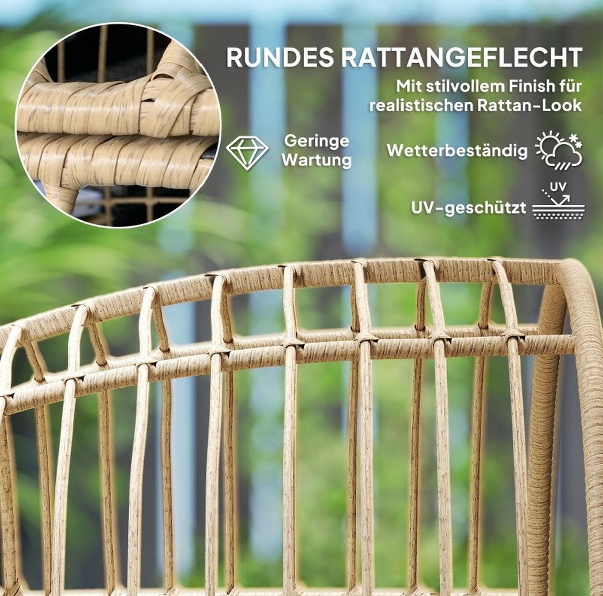 RATTANSESSEL 95/80/155 cm mit abnehmbaren Kissen und Stahlgestell, wetterfestes Rattan, Beige - Beige, Metall (95/155/80cm) - Redom