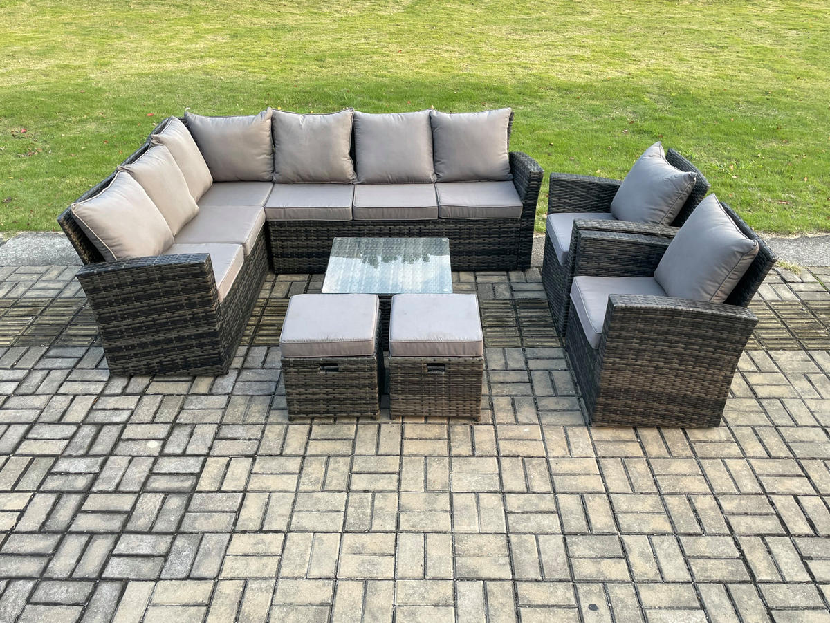 BALKONMÖBEL-SETS mit Ecksofa,Quadratischer Couchtisch,2 Hocker,2 Sesseln Polyrattan Dunkelgrau 10-Sitzer - Dunkelgrau/Grau, Glas/Kunststoff - Fimous
