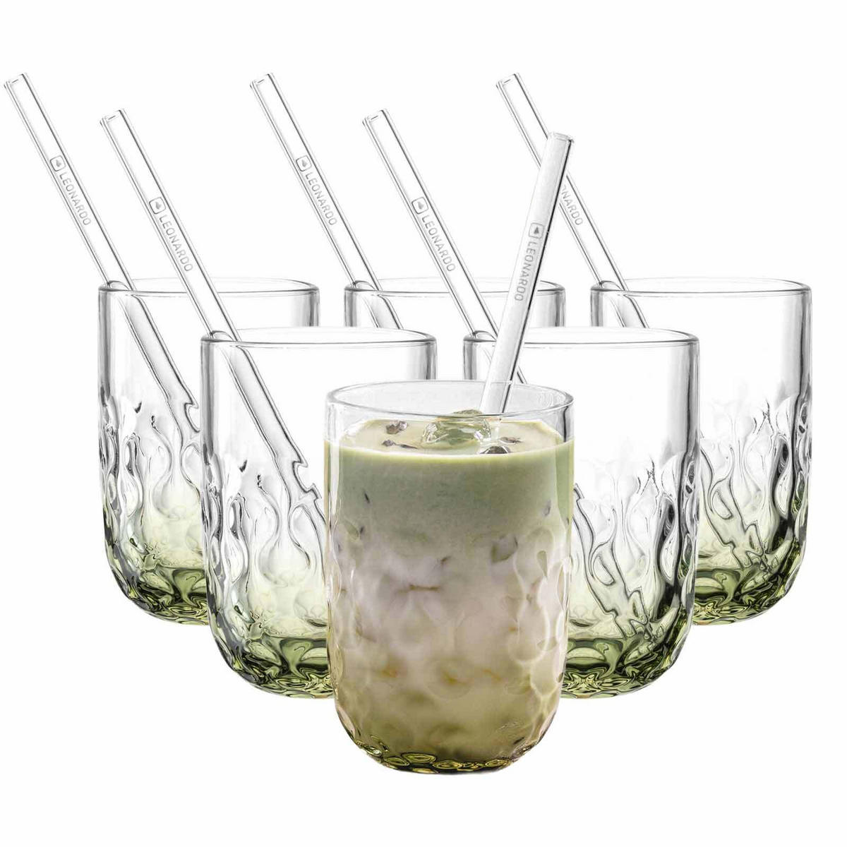 MATCHA LATTE GLÄSER MIT GLASTRINKHALM (2) Gocce grün 390 ml 6er Set - Grün, Glas (0.39L) - Leonardo Living