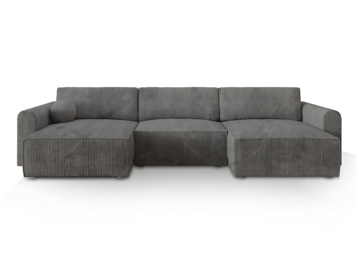 WOHNLANDSCHAFT FENTO P Grau Kordstoff mit Schlaffunktion - Grau, Holz (347/90/148cm) - MASSENO