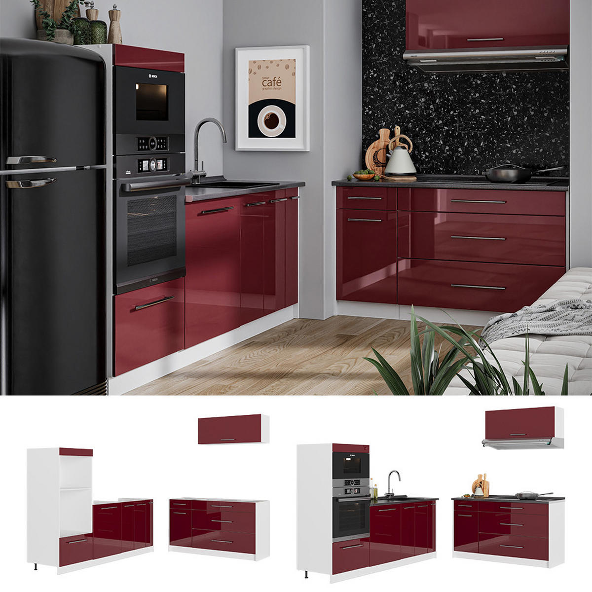 KUCHYŇA Fame-Line, Bordeaux vysoký lesk/biely, 340 cm, AP Marble - biela/bordová, kompozitné drevo (340/153.6/60cm) - Vicco