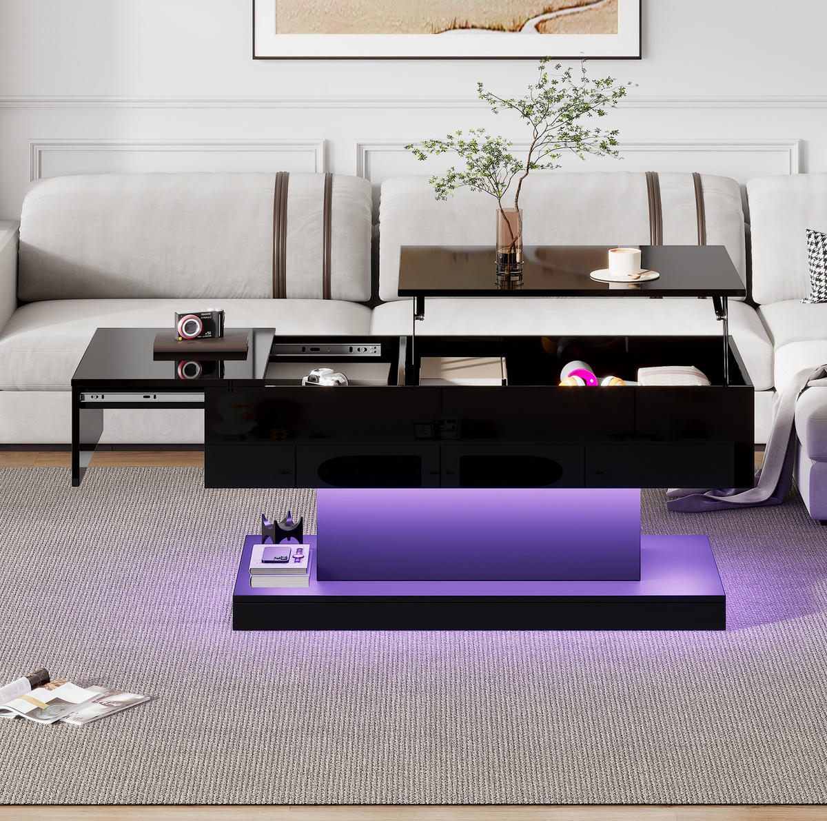 COUCHTISCH, Hochglanz schwarz, hydraulisch liftbar, Platte seitlich verschiebbar, mit LED & Stauraum, 100/50/45 cm,schwarz - Schwarz, Holzwerkstoff (100/50/45cm) - Redom