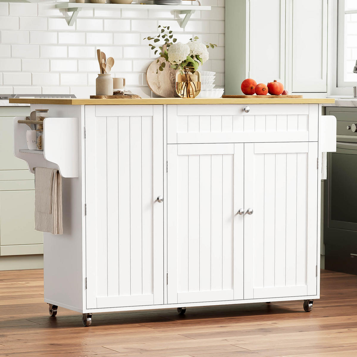 KÜCHENWAGEN mit Klappplatte, Schublade und Stauraum 120 x 70/45 x 92 cm Natural White - Naturfarben, Holz (70/92/120cm) - Beauniv