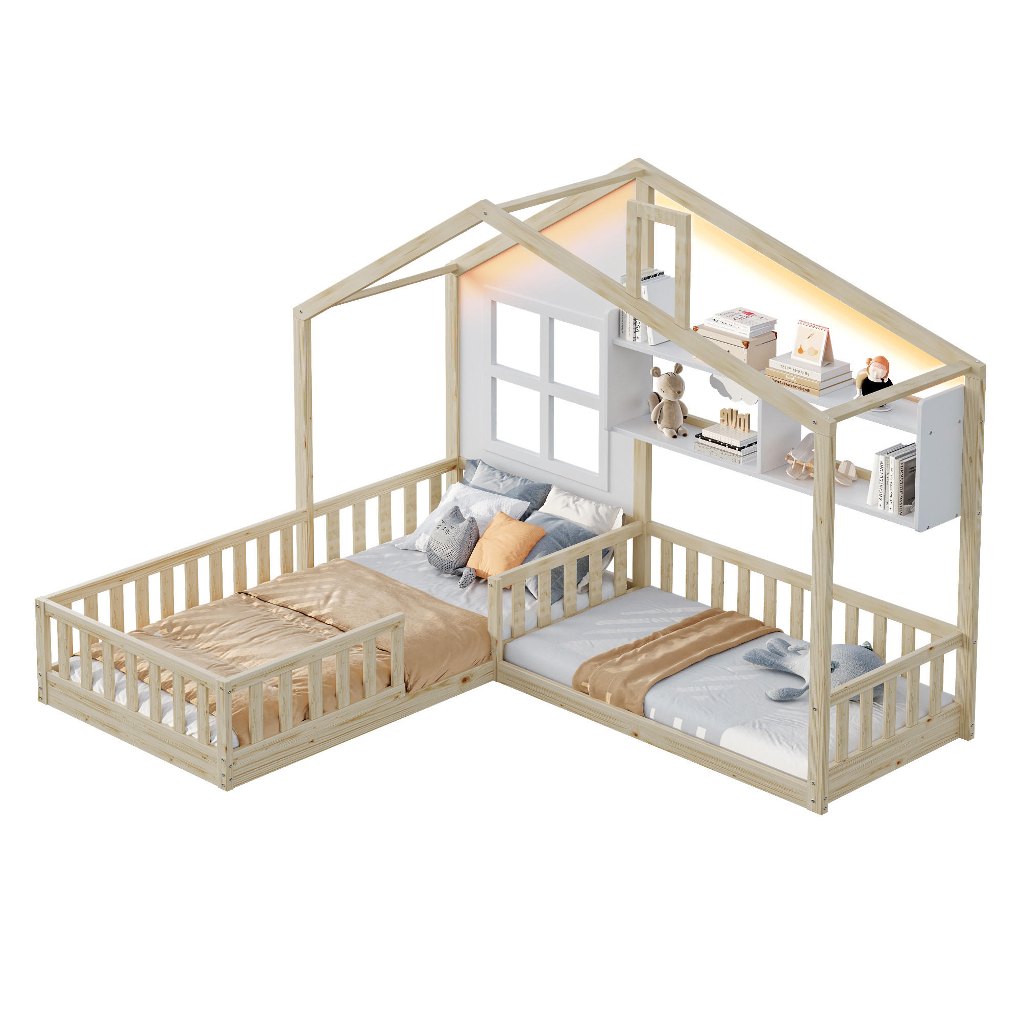CHICFURN DĚTSKÁ POSTEL 90/200 cm a 140/70 cm v bílé nebo přírodní barvě s LED a policemi