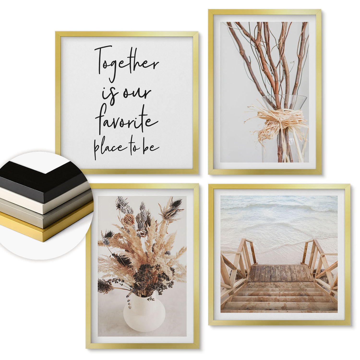 WANDBILDER 4er Set - 50x50 cm & 40x60 cm Goldrahmen - Blumenzweige Minimalismus Natur - Goldfarben, Kunststoff (50/50cm) - ArtPrintCave