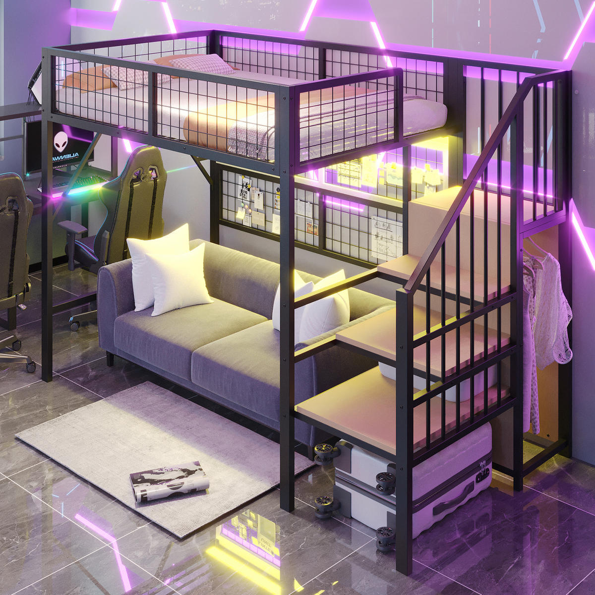 VYVÝŠENÁ POSTEL 90x200 cm Černá Kov LED Schody - černá, kov (90/200cm) - FLIEKS