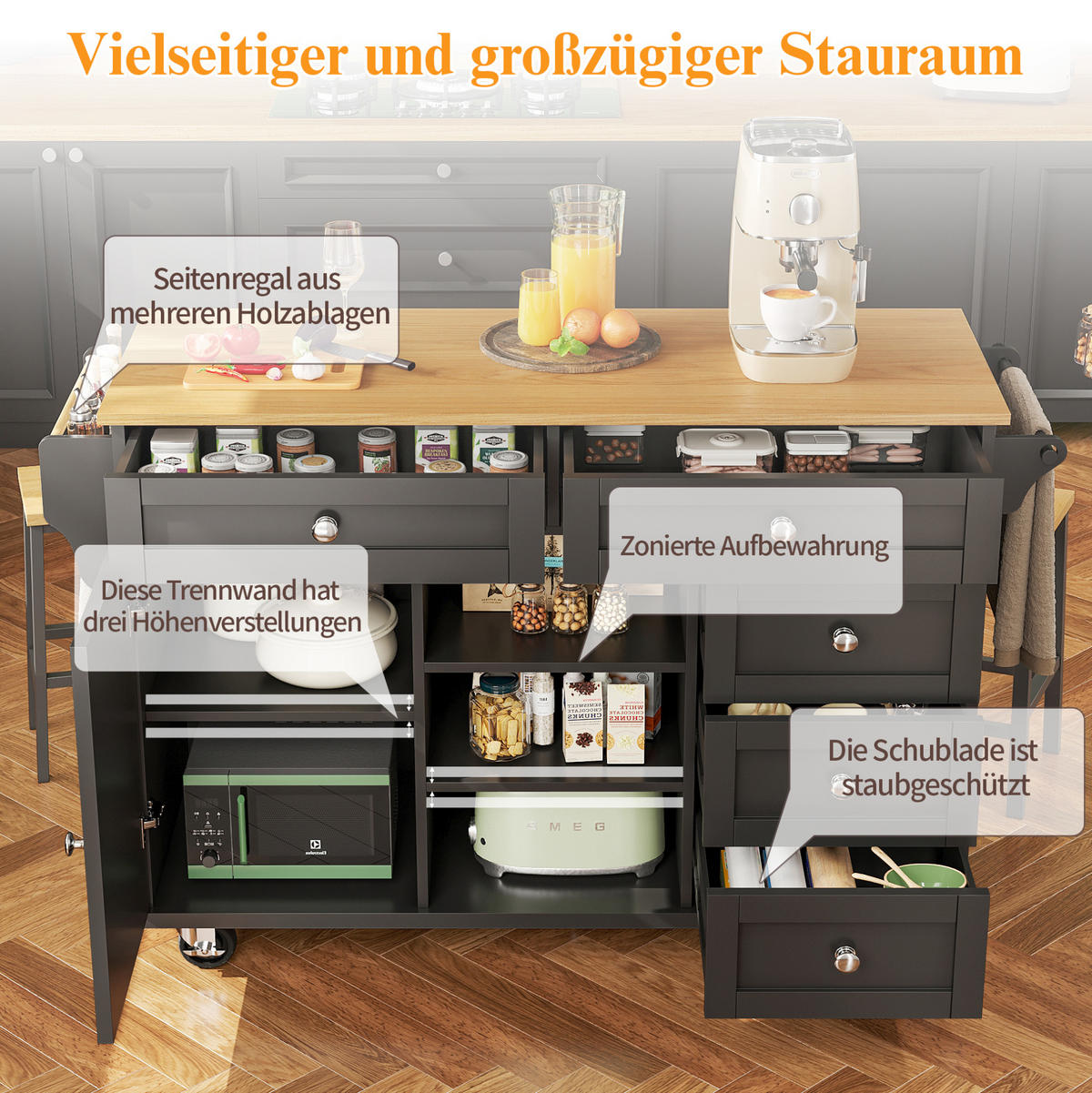 KÜCHENWAGEN aus MDF mit Schubladen & Fächern, 134/46/92 cm, Schwarz - Schwarz, Holzwerkstoff (134/92/46cm) - Redom