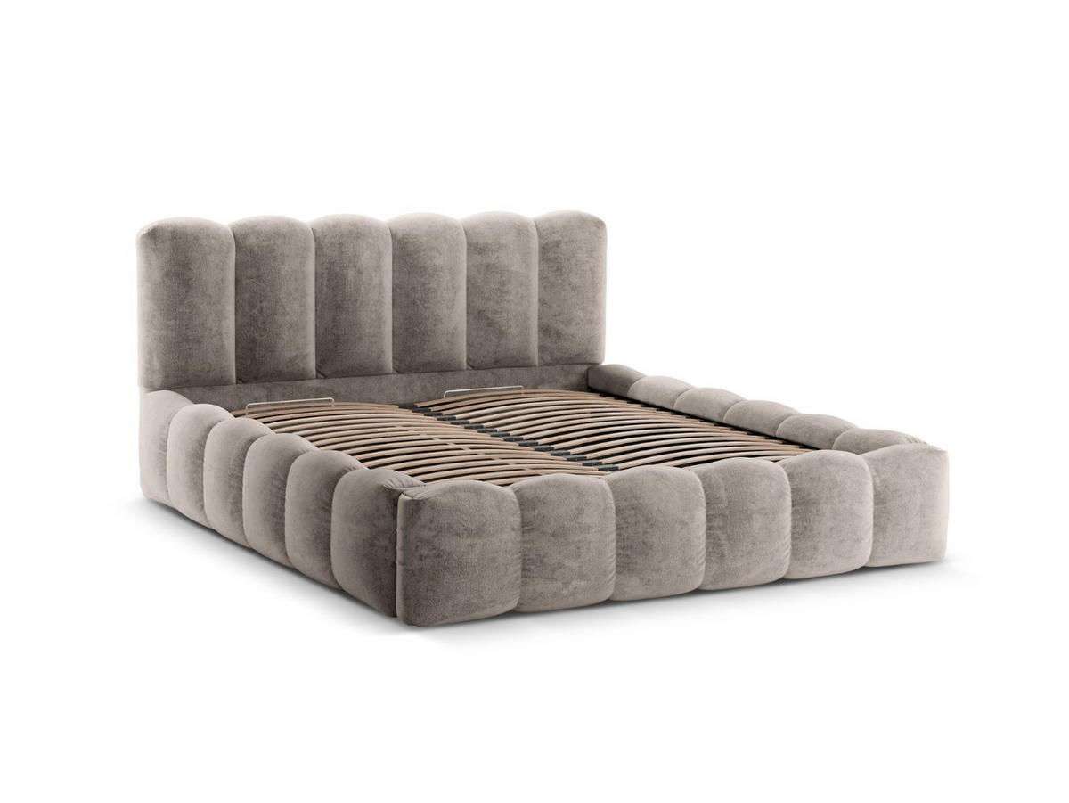 BETT mit Bettkasten und Kopfteil Lupine aus Chenille-Stoff cappuccino 160x200cm - Cappuccino, Textil (160/200cm) - Micadoni