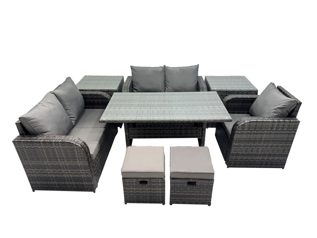 Gartenmöbelset mit Esstisch,Zweisitzer,Beistelltischen Polyrattan Dunkelgrau 7-Sitzer - Dunkelgrau/Grau, Glas/Kunststoff - Fimous