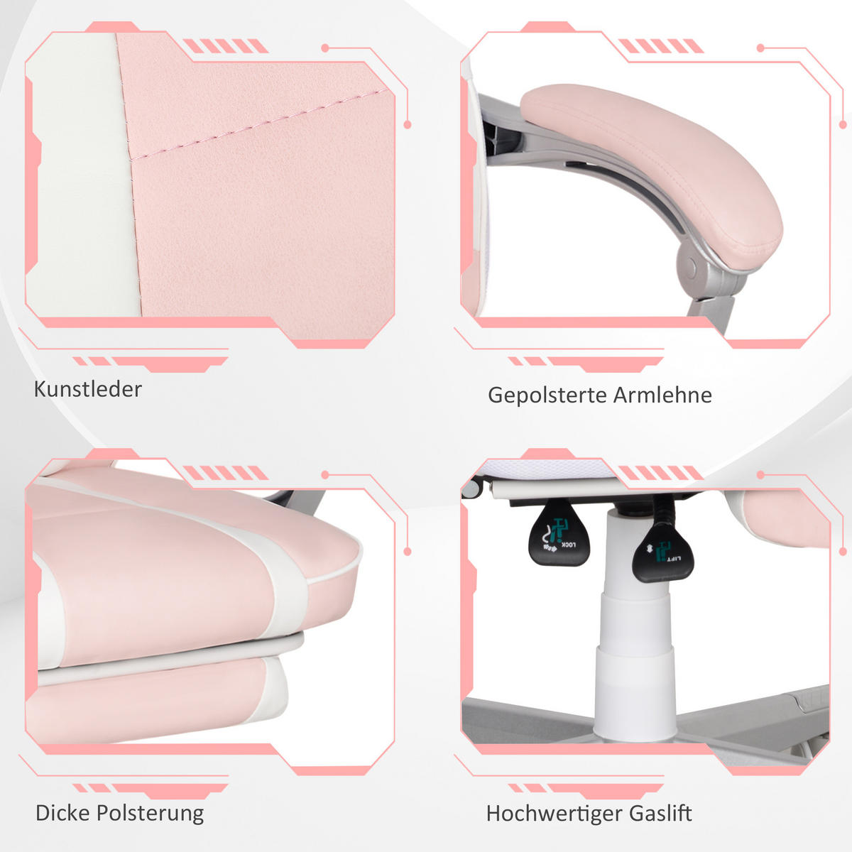GAMINGSTUHL mit Fußstütze, Kopf- & Lendenkissen, drehbar, höhenverstellbar, Rosa - Rosa, Leder (63/123/63cm) - HOMCOM