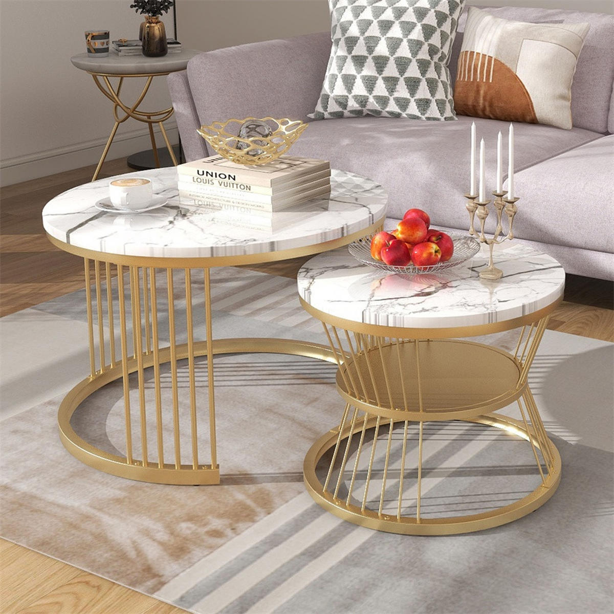 COUCHTISCH 2er Set - Runder Couchtisch 70 cm & 45 cm - Ineinander Schiebbar Marmoroptik - Gold & Weiß - Weiß, Holzwerkstoff (70/70/45.5cm) - DELFA