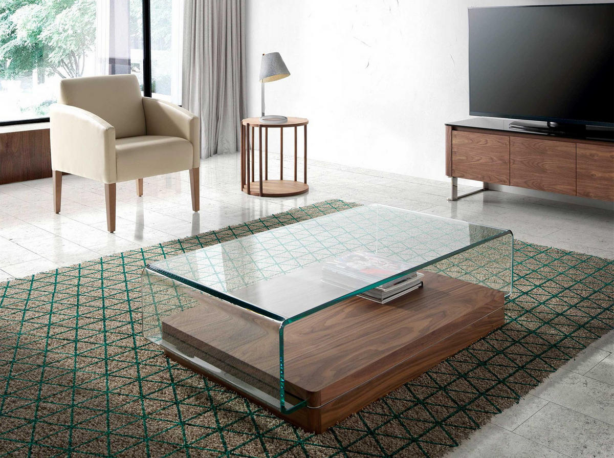 COUCHTISCH Rechteckiger Couchtisch aus gehärtetem Glas und Nussbaumholz 120/70/33 cm - Transparent/Nussbaumfarben, Glas/Holz (70/120/33cm) - ANGEL CERDA