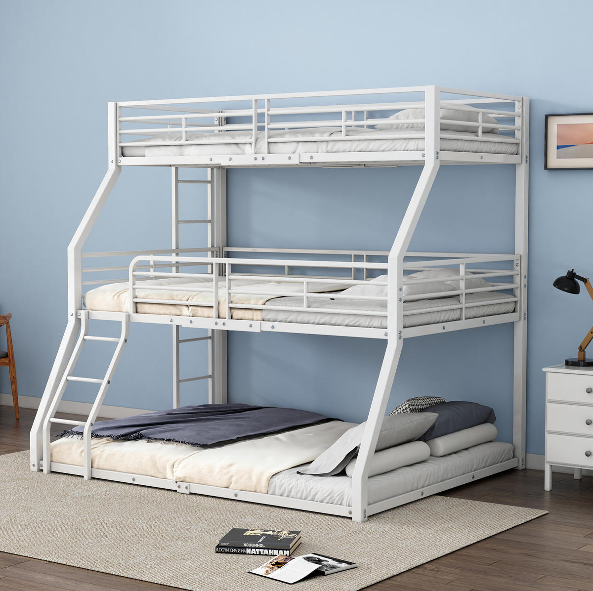 ETAGENBETT 90/200 cm aus Metall in Weiß – Dreifachbett mit 2 Leitern - Weiß, Metall (90/200cm) - BEAOK