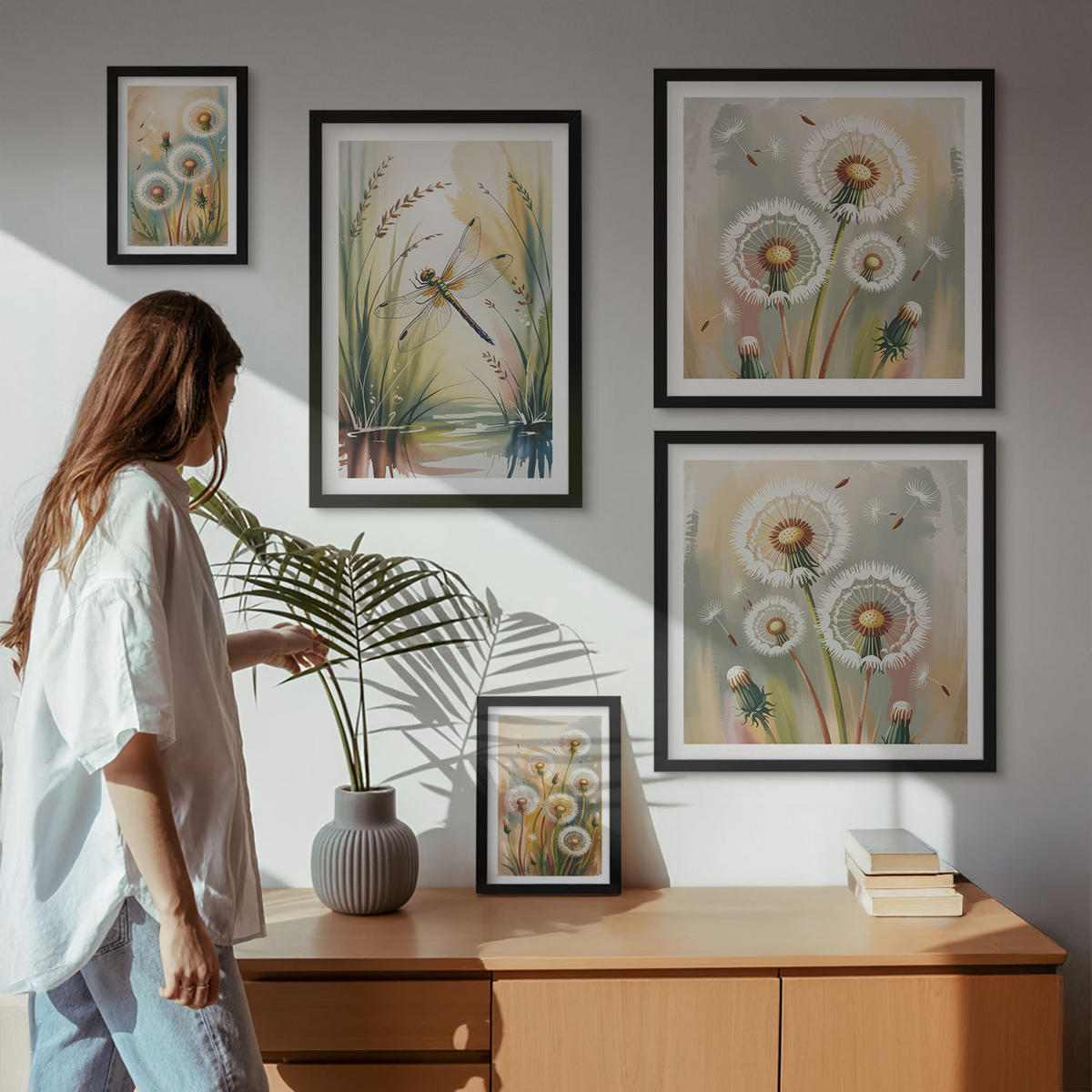 WANDBILDER 5er-Set - 50x50 cm & 20x30 cm & 40x60 cm Schwarzer Rahmen - Pastellfarbene Löwenzahnblüten - Schwarz, Kunststoff (40/60cm) - ArtPrintCave