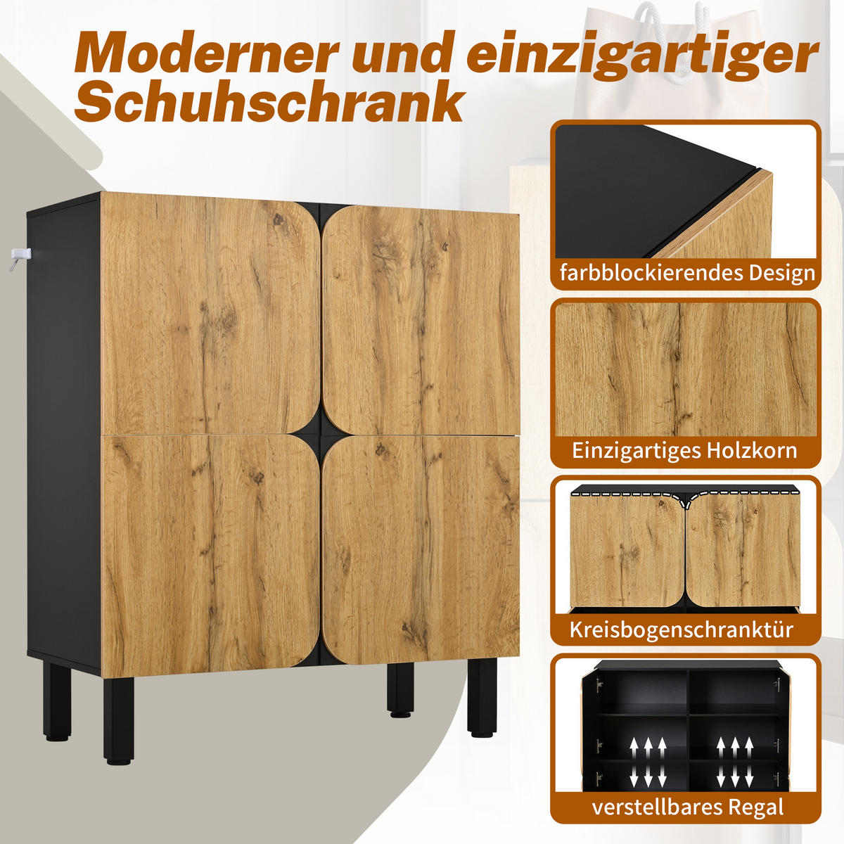SCHUHSCHRANK 80/38,5/95 cm Schwarz/Natur aus MDF mit Soft-Close - Schwarz, Holzwerkstoff (80/95/38.5cm) - OKWISH