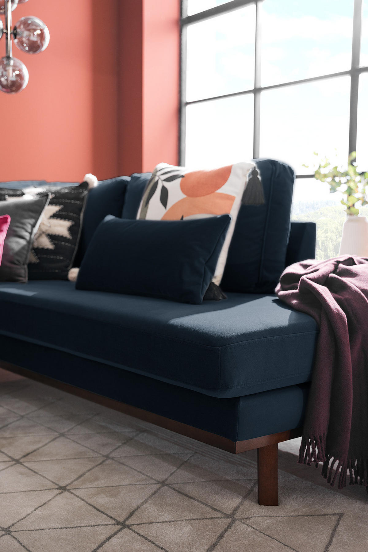 ECKSOFA mit Ottomane - Buchefarben/Dunkelblau, Buchenholz/Textil (287/219cm) - home24