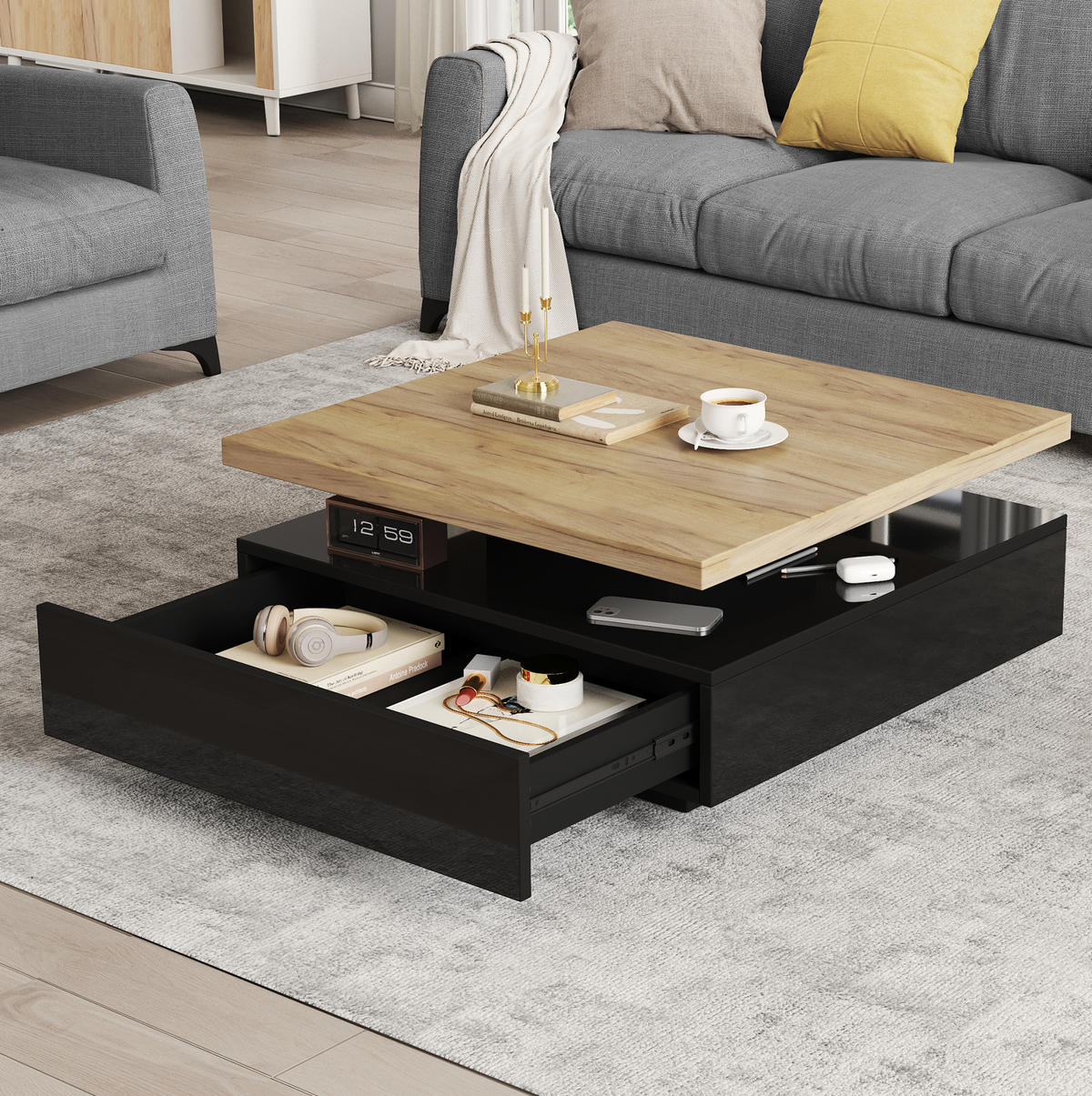 COUCHTISCH 70/70/36 cm mit 360° drehbarer Tischplatte, versteckter Schublade und Hochglanz-Elementen, Walnuss/Schwarz - Schwarz, Holzwerkstoff (70/70/36cm) - Modfu