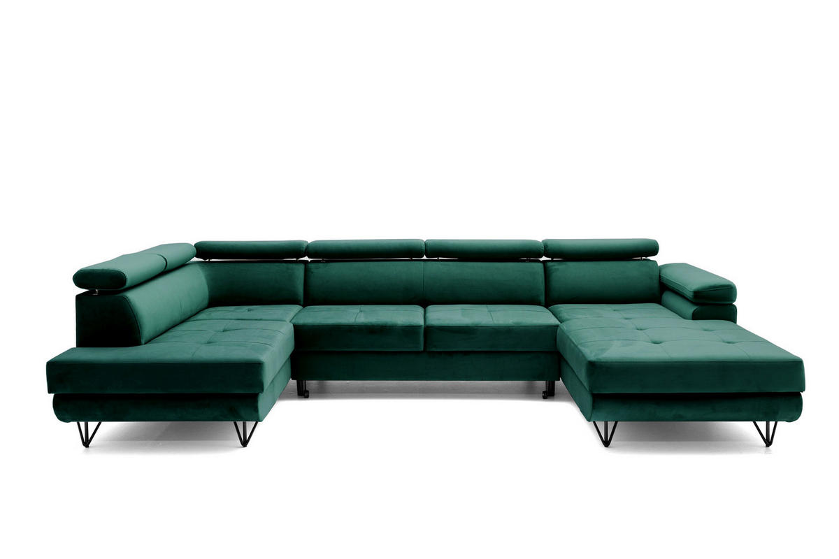 ECKSOFA U-Form JUNIOR U Links mit Schlaffunktion 128x254 Velours Dunkelgrün - Dunkelgrün/Schwarz, Holz/Textil (323/90/184cm) - Muffo