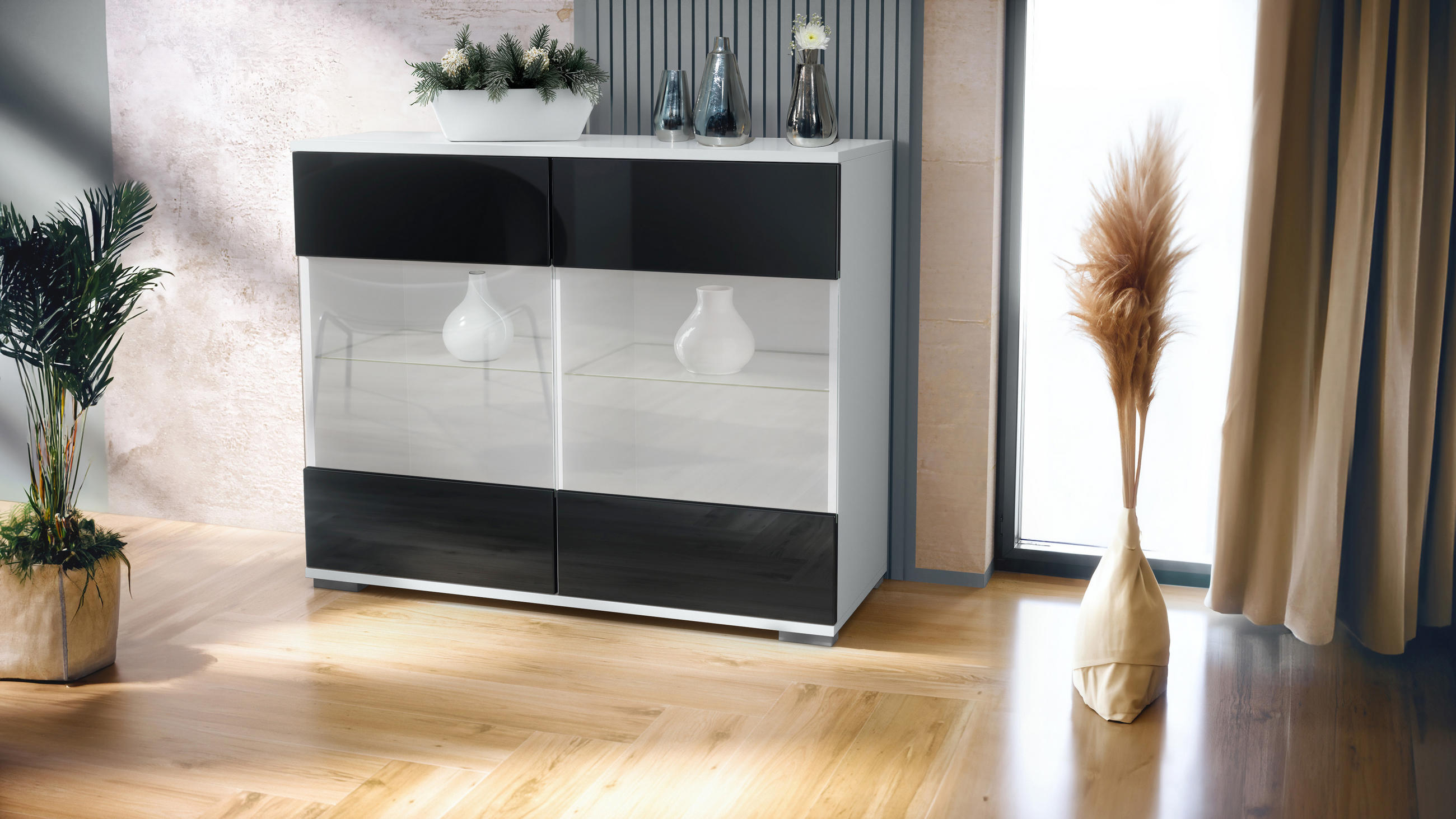 KOMMODE Bari Schwarz Hochglanz - Schwarz Hochglanz, Holzwerkstoff (92.5/75.5/35cm) - Vladon