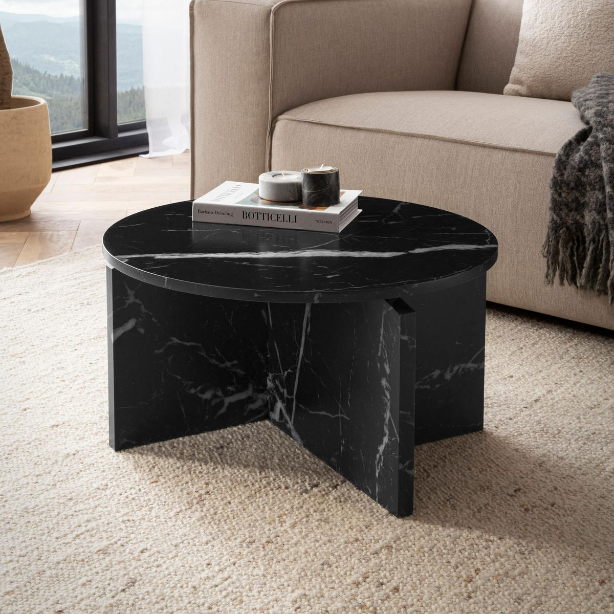 COUCHTISCH rund in Stein-Optik – modernes Design in Großformat, Schwarz 60x60x33 cm - Schwarz, Holzwerkstoff (60/60/33cm) - KADIMA DESIGN
