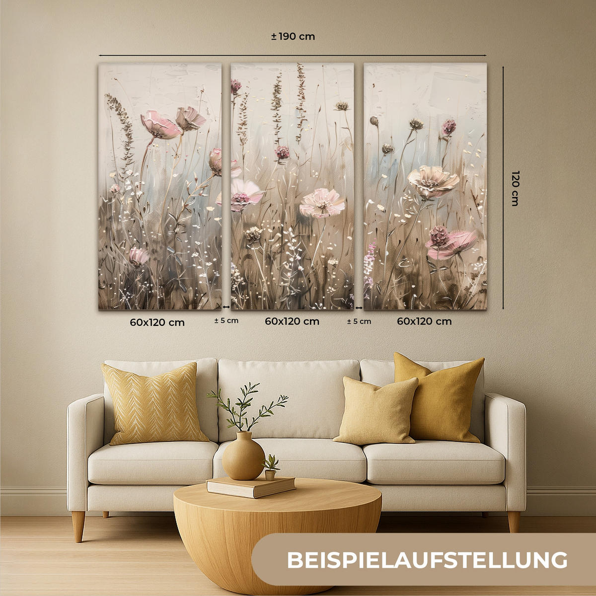 LEINWANDBILD 3er Set Blumen - Beige - Modern - Rosa 180x120 cm - Ecru, Textil (180/120cm) - MuchoWow