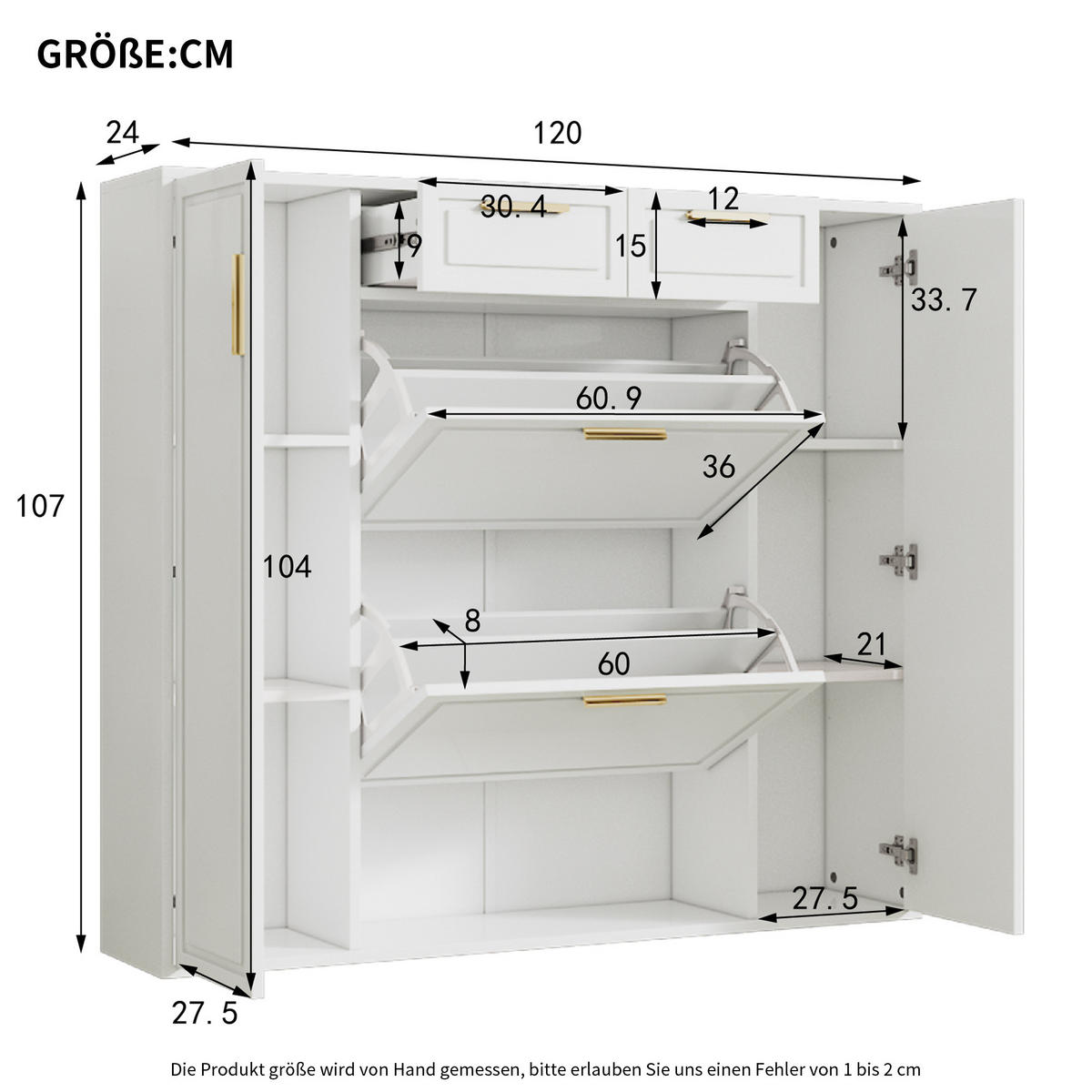 SCHUHSCHRANK Modern Goldgriffe Weiß 120x24x107cm - Weiß, Holzwerkstoff (24/107/120cm) - FLIEKS