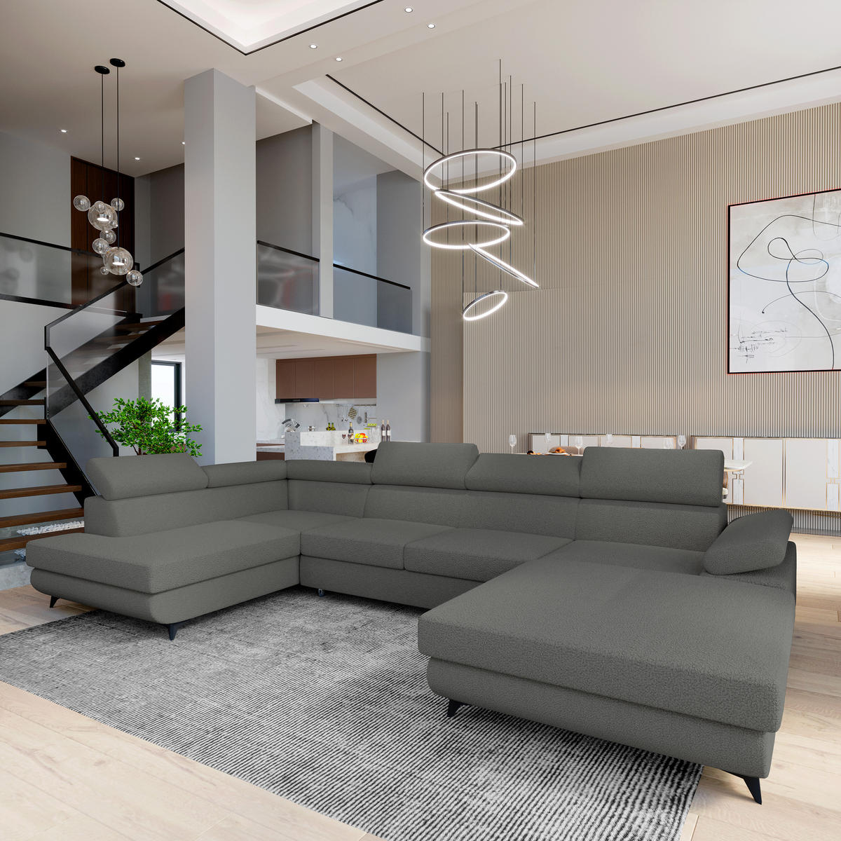 WOHNLANDSCHAFT RUBANO L-S Grau Boucle-Stoff mit Schlaffunktion - Grau, Holz (339/89/190cm) - MASSENO