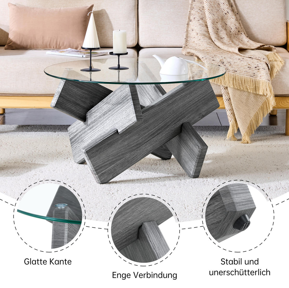 KLUBSKA miza, premer 79 cm, MDF/steklo siva transparentna - siva, leseni material (79/79/45cm) - BEAOK