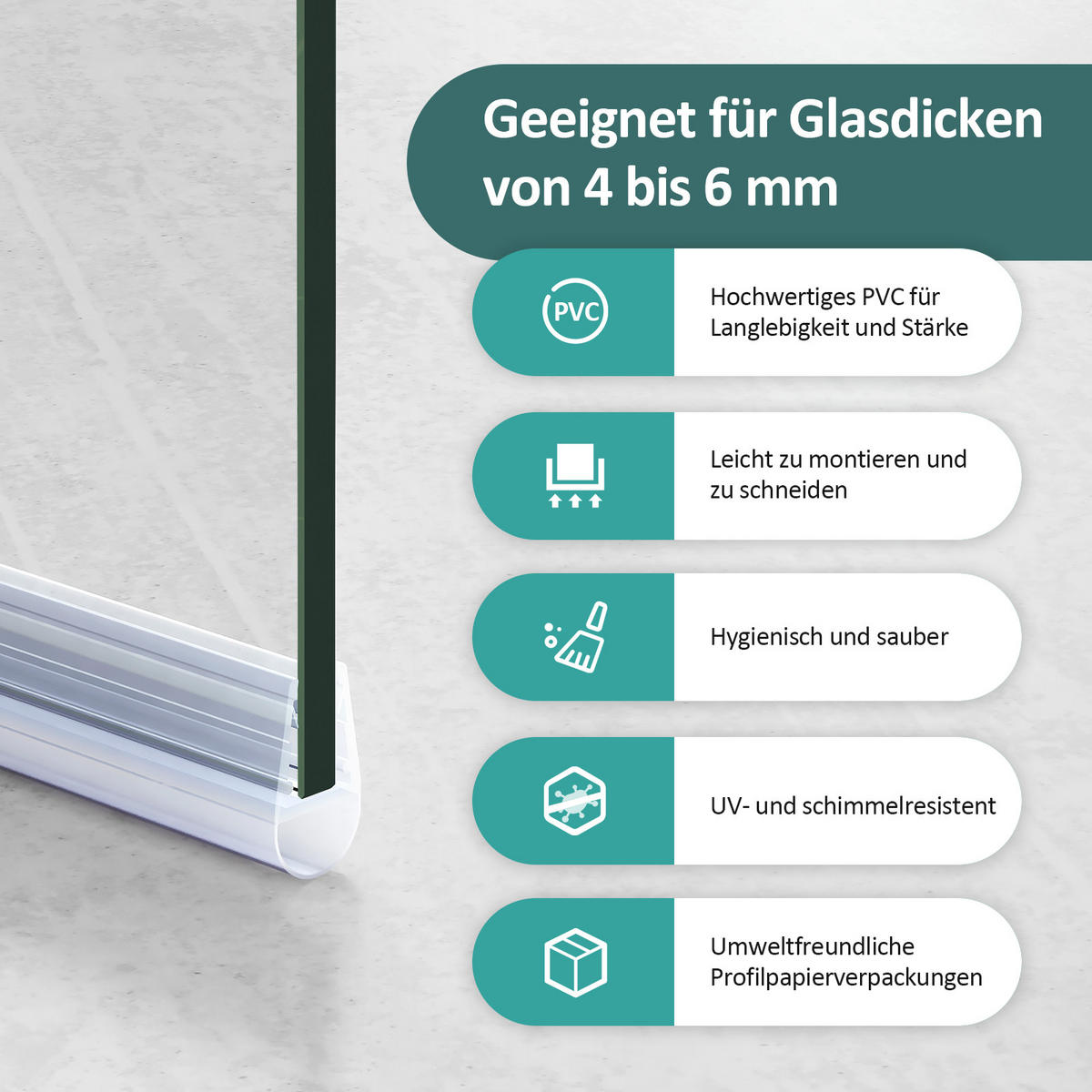 WASSERABWEISPROFIL Geeignet für 4–6 mm Sicherheitsglas 80 cm - Transparent, Kunststoff (0.6/1.8/80.3cm) - EMKE