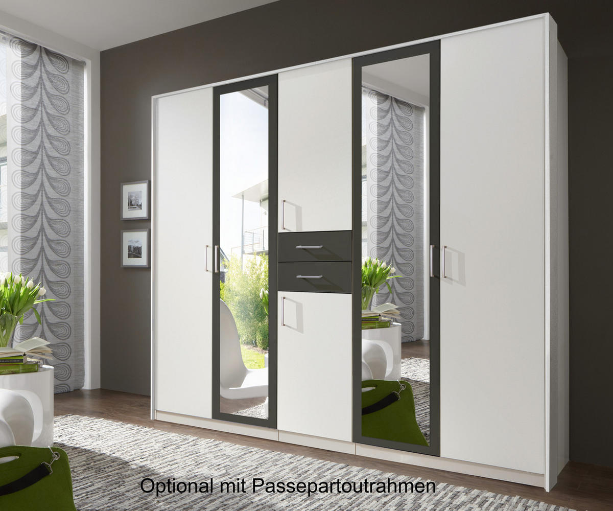 DREHTÜRENSCHRANK Kleiderschrank B225/H208/T58 cm mit Schubkästen & 2 Spiegeltüren, Weiß mit Absetzungen in Grafit / 22590 - Silberfarben/Graphitfarben, Holzwerkstoff/Kunststoff (225/208/58cm) - luma-home