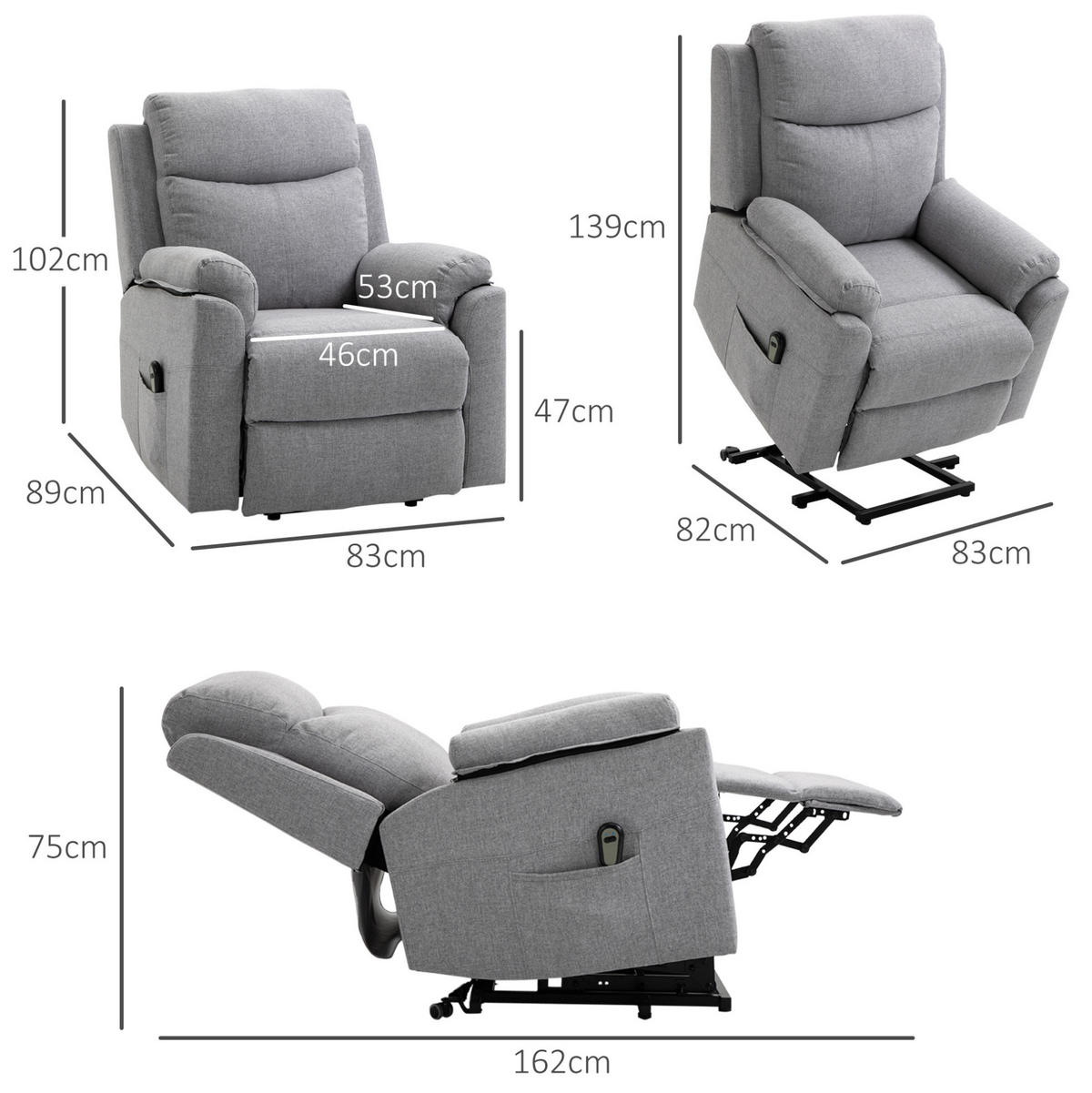 RELAXSESSEL Polyester mit Aufstehhilfe, Liegefunktion 160° 83/89/102 cm Grau - Grau, Textil (89/102/83cm) - Redom