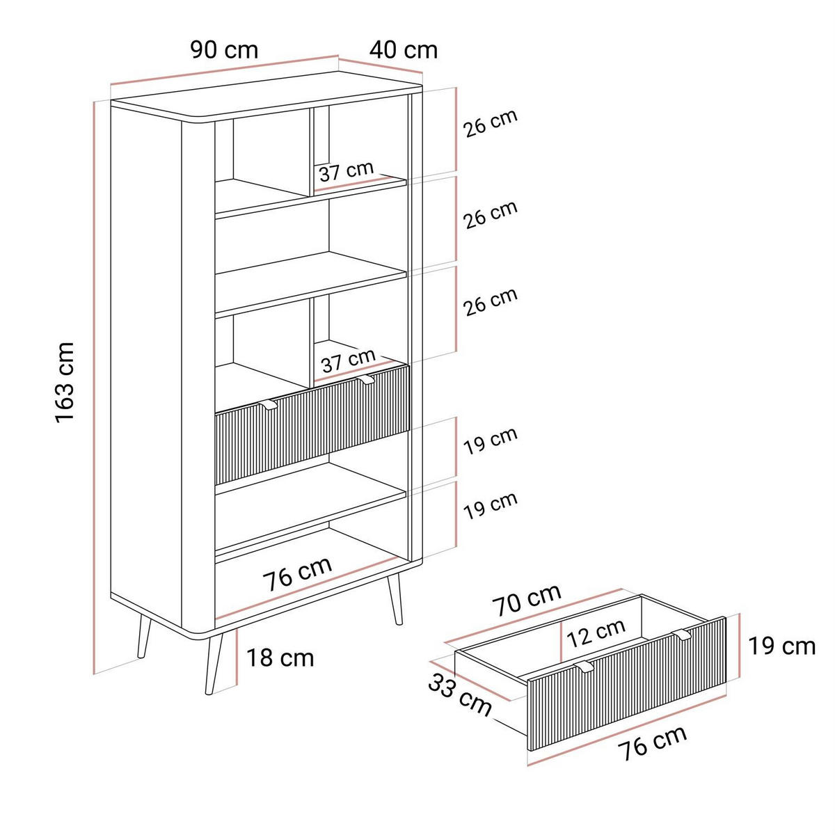 REGAL AUTUMN 2D1S mit Schublade, Kaschmir / Grauer Stein - Beige/Grau, Holzwerkstoff (90/163/40cm) - Lookway