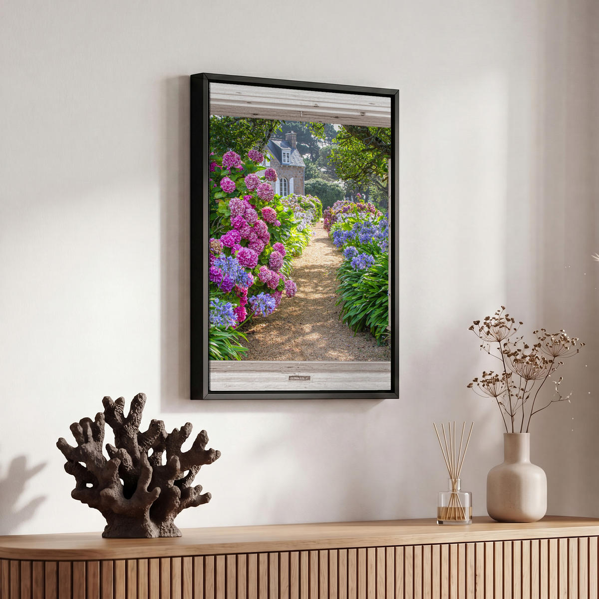 LEINWAND Bilder mit Rahmen - Hortensie - Durchsichtig - Blumen - Sommer - Lila - Weg - 20x30 - Lila, Textil (20/30cm) - MuchoWow