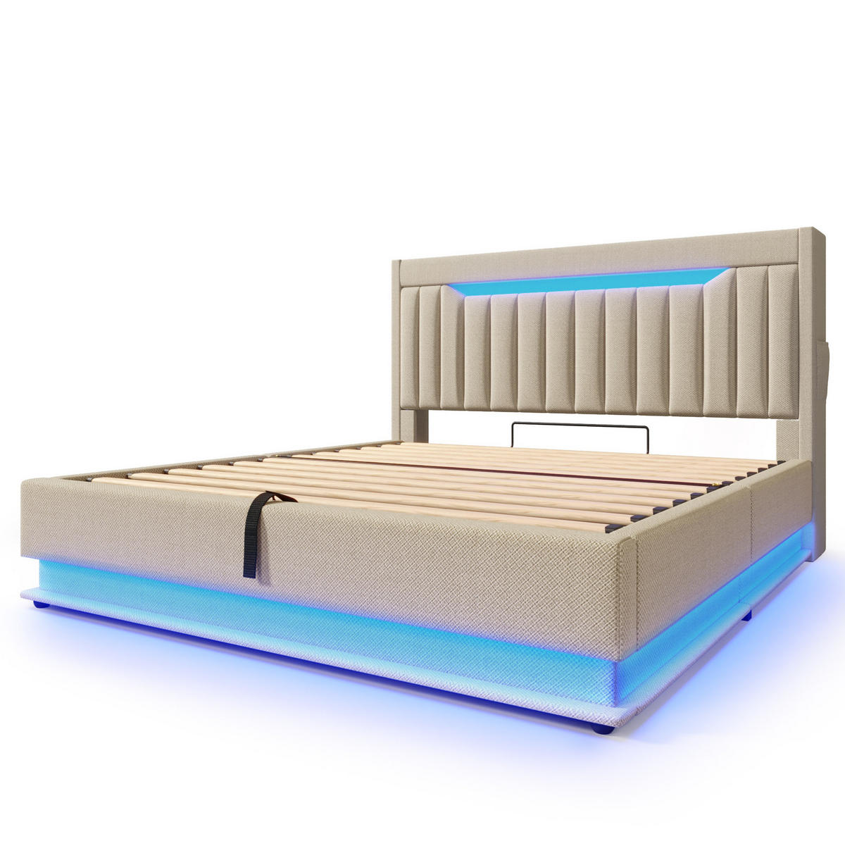 POLSTERBETT mit Stauraum und LED 140x200 cm Leinen Beige - Beige, Metall (140/200cm) - Beauniv