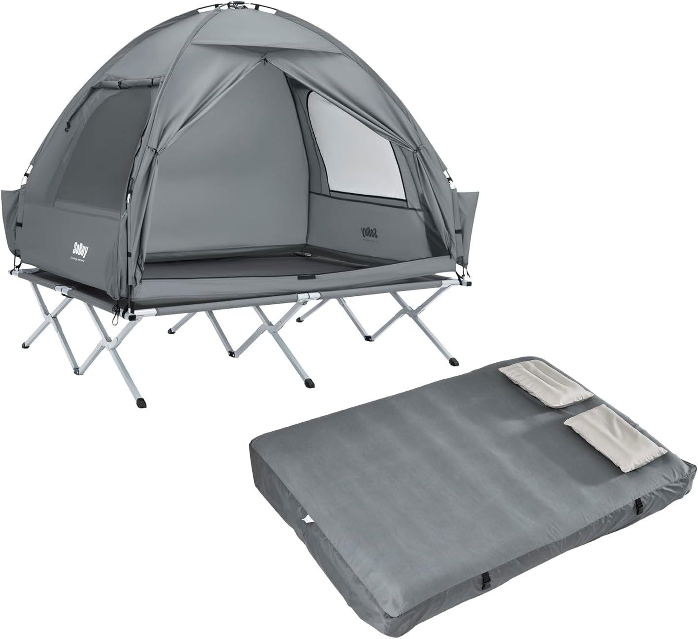 CAMPINGBETT mit Zelt und aufblasbarer Matratze OGS32-II-L-HG-TP - Ahornfarben, Fell/Metall (193/188/145cm) - SoBuy