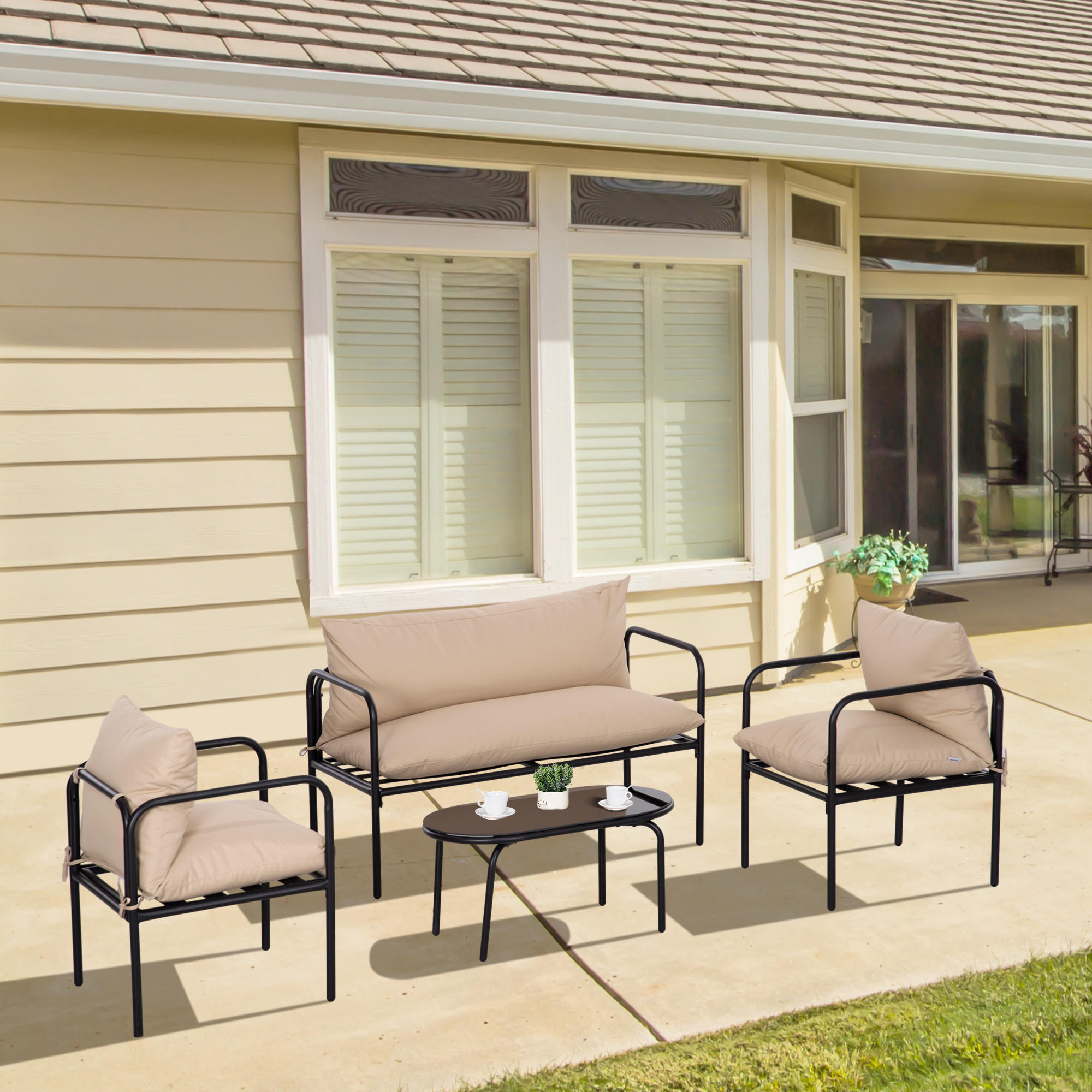 GARTENMÖBEL Set, Stahl, Polyester, Khaki - Dunkelbraun, Kunststoff/Metall - Outsunny