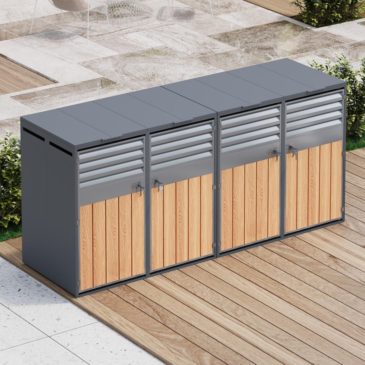 MÜLLTONNENBOX aus Stahl in Grau Holzoptik mit Klappdeckel & Schloss 264x80x118,5 cm - Grau, Metall (264/118.5/80cm) - Modfu