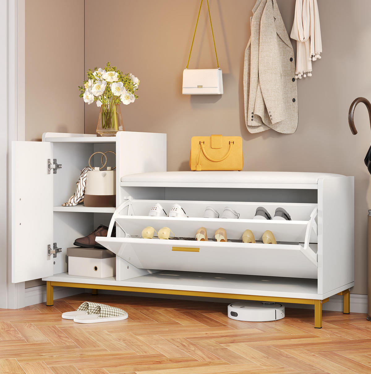 SCHUHSCHRANK 100/38/68 cm in Weiß/Gold mit Sitzkissen und Hochglanzfront - Weiß, Holzwerkstoff (100/68/38cm) - Flora Grace