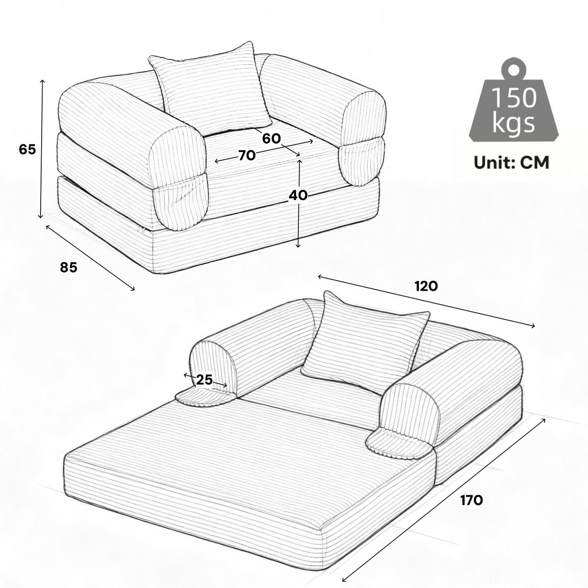 SCHLAFSOFA 2-in-1 Cord Beige mit Kissen - Beige, Kunststoff (85/65/120cm) - Meubliv
