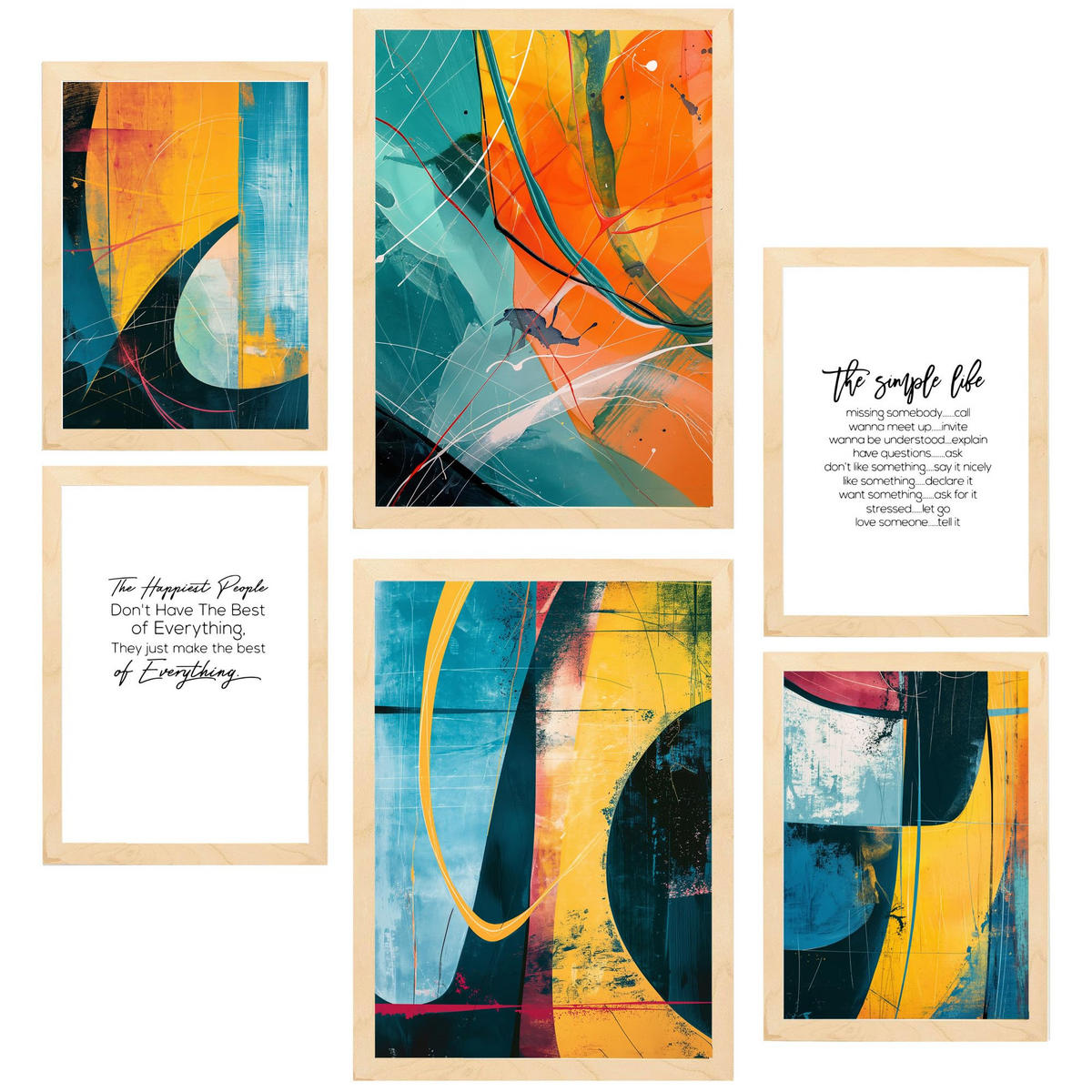 POSTER Set Mit 6 Abstrakte Farben Gelb Orange Blaue Formen A3 & A4 Rahmen Aus Hellem Holz - Beige, Papier (29/3cm) - Nacnic