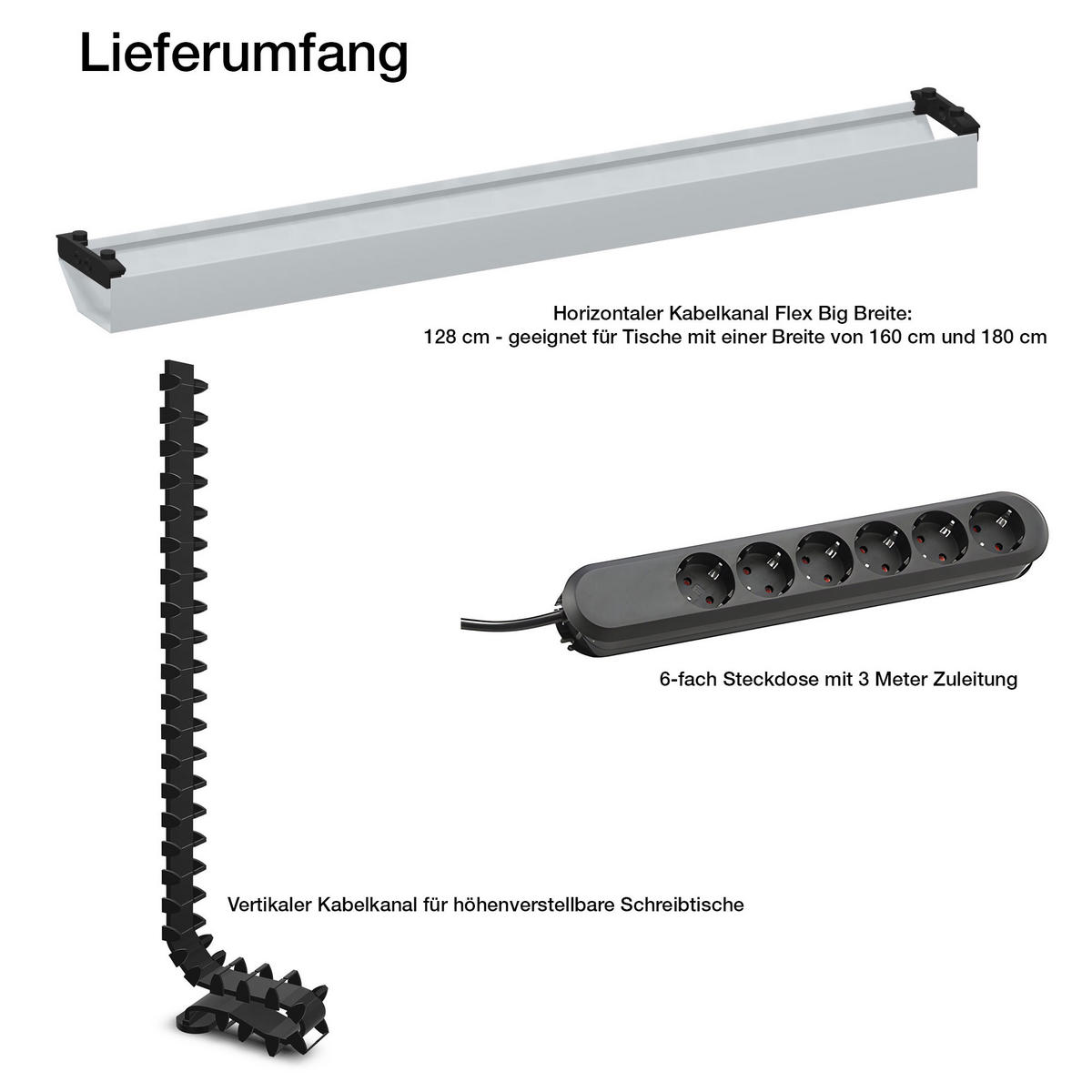 KABELMANAGEMENT-SET Horizontaler Kabelkanal Flex-big / Plus Vertikale Kabelführung + 6-fach Steckdose Weißaluminium 1280mm - Silberfarben, Metall (16/128/10cm) - ASSMANN
