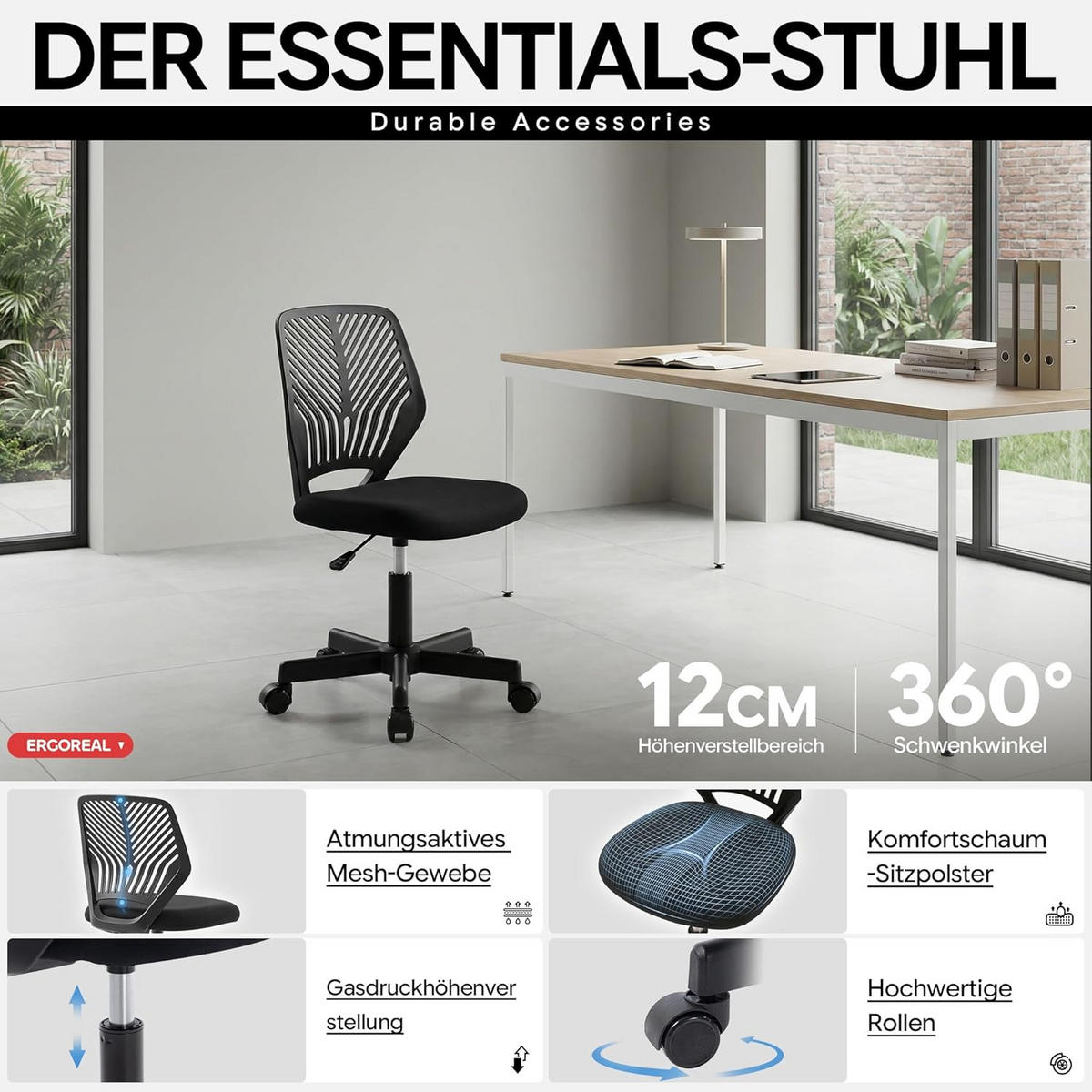BÜROSTUHL Ergonomischer ohne Armlehne, mit Rollen & Höhenverstellung - Schwarz, Metall (55/79/55cm)