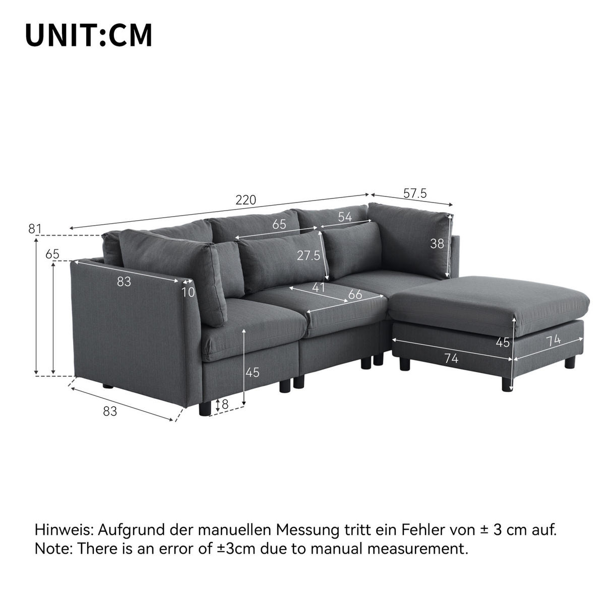 ECKSOFA 220/83/81 cm grau aus Leinen mit Hocker und 5 Kissen - Grau, Textil (81/83cm) - OKWISH