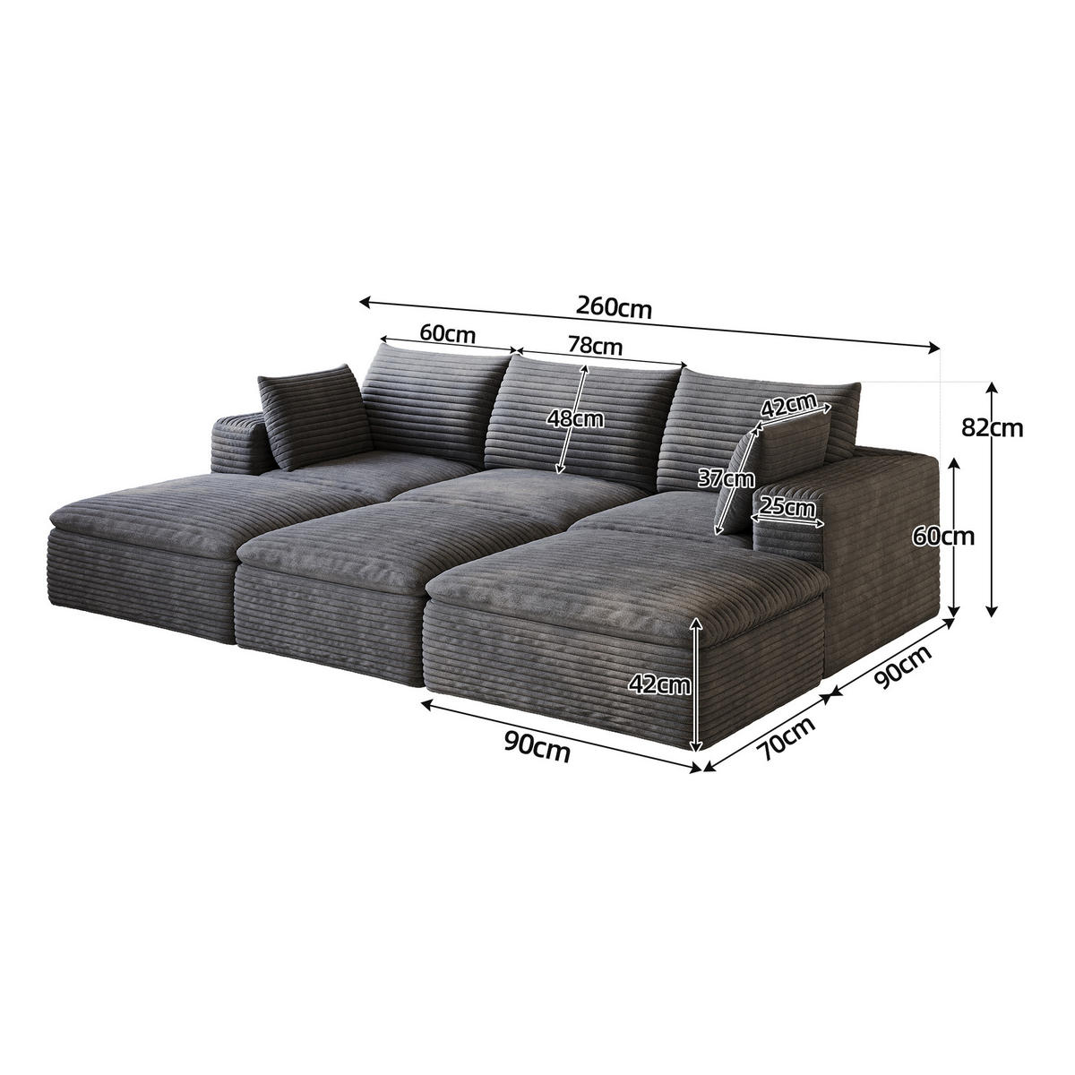 3-SITZER-SOFA aus Stoff 260 cm Dunkelgrau mit Schaumstoffpolsterung und flexibel kombinierbarem Design - Dunkelgrau, Textil (260/60/160cm) - Modfu
