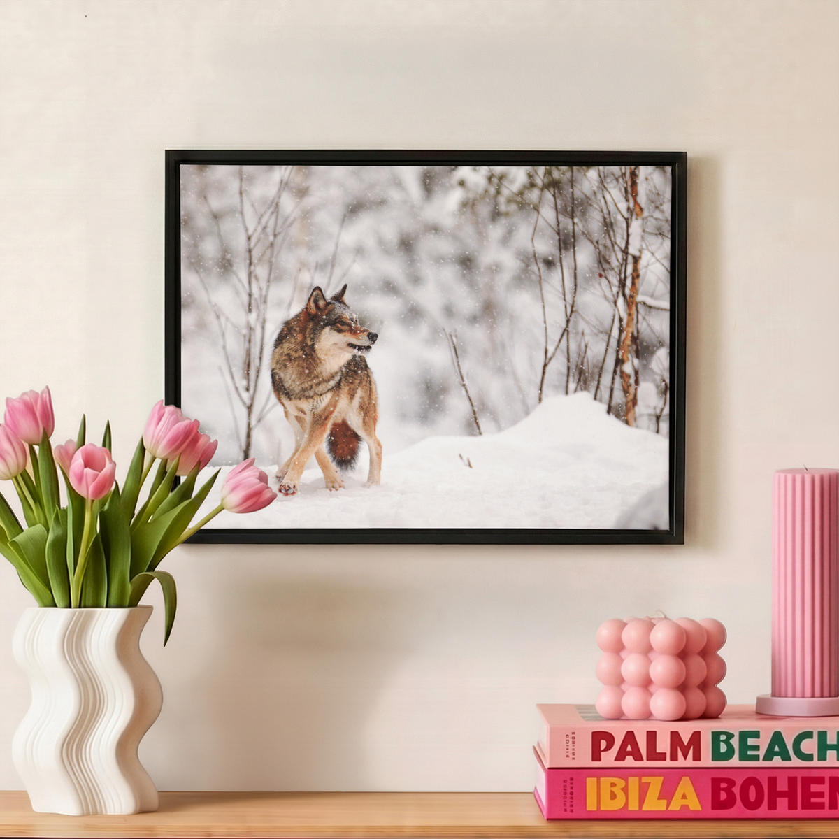 LEINWAND Bilder mit Rahmen - Wolf - Winter - Schnee - Natur - Tiere - 40x30 - Haselnussfarben, Textil (40/30cm) - MuchoWow