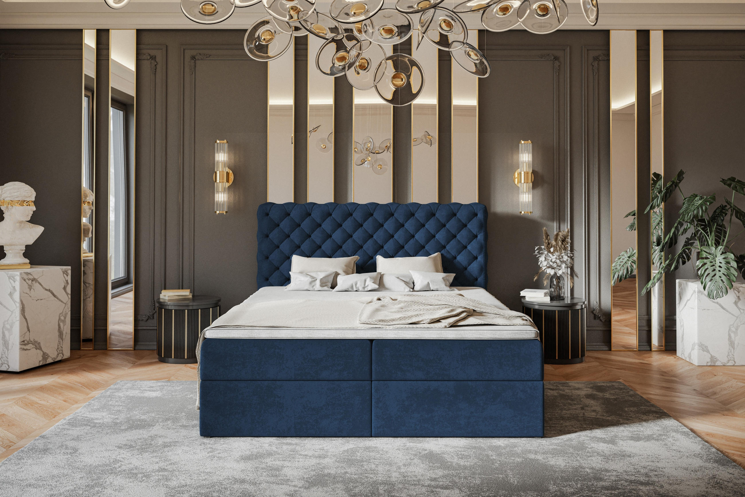 BOXBETT MIAMI mit 2 Bettkästen, 140x200, Farbe: Dunkelblau, Velourstoff, Doppelbett mit Bonell-Matratze - Dunkelblau, Holz/Kunststoff (140/200cm) - Alpi-Möbel