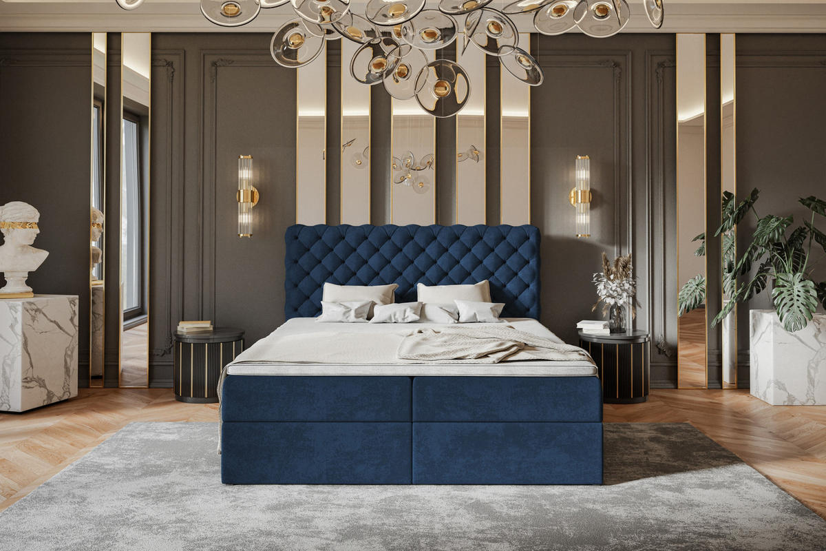 BOXBETT MIAMI mit 2 Bettkästen, 120x200, Farbe: Dunkelblau, Velourstoff, Doppelbett mit Bonell-Matratze - Dunkelblau, Holz/Kunststoff (120/200cm) - Alpi-Möbel