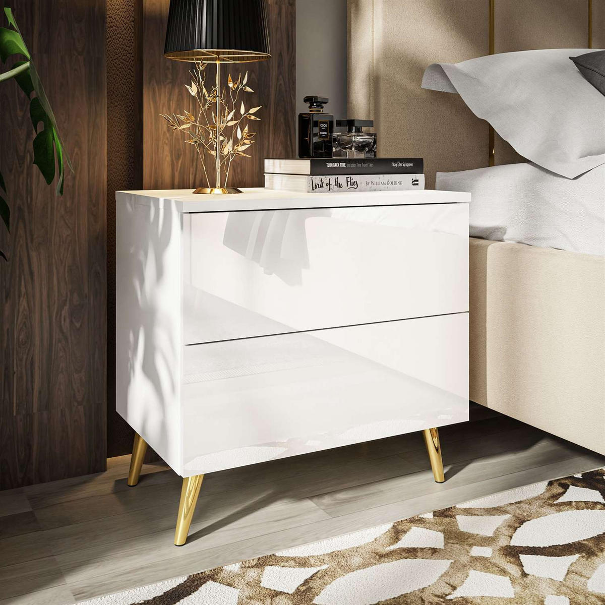 NACHTTISCH AURA PUSH OPEN mit goldenen Beinen - Weiß, Holzwerkstoff (55/55/37cm) - Lookway