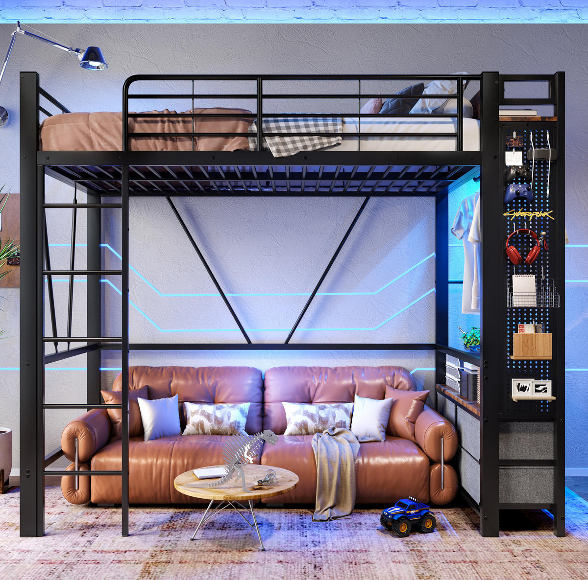 HOCHBETT aus Metall und MDF 90x200 cm Schwarz mit LED-Leiste, USB-C-Anschluss, 4 Schubladen - Schwarz, Metall (90/200cm) - IVMEU