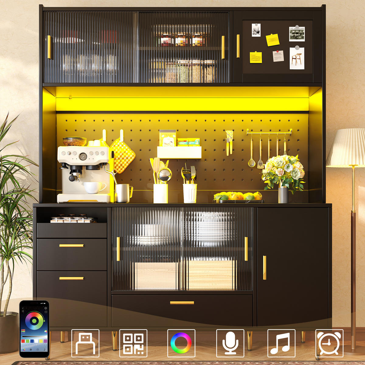BUFFET mit Vitrine, Schubladen, LED, offenen Fächern, Schwarz-Gold - Schwarz, Holzwerkstoff/Metall (140/180/40cm) - EVRYAE